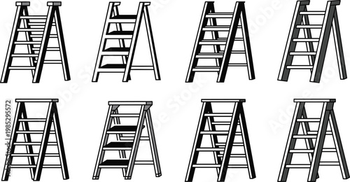 Step ladder icon set in outline and solid styles featuring construction equipment for industrial safety design and maintenance use