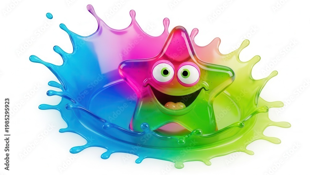Fototapeta premium Joyful multicolored star character splashing in a rainbow of vivid liquid hues