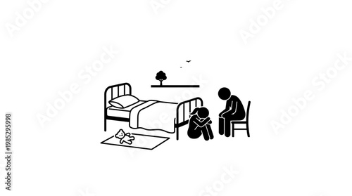 Depressed Person in Bedroom with Empty Bed