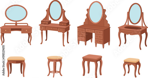 Vintage dressing table and stool furniture set flat vector illustration with mirrors wooden vanity desks and classic interior elements