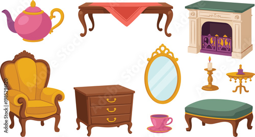 Vintage living room furniture and decor set flat vector illustration with armchair table mirror fireplace tea set and classic interior