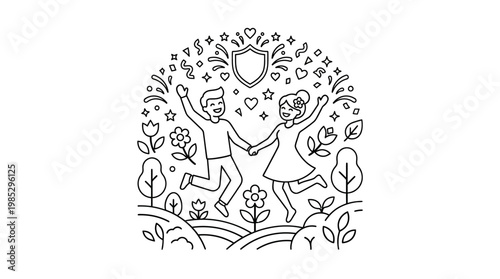 Joyful Couple Celebrating Under Shield Icon