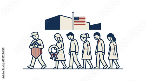 Memorial Day Parade Procession with US Flag and Monument