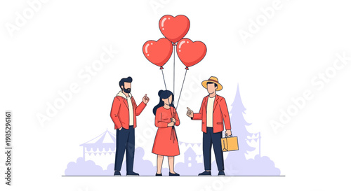 Romantic Couple Holding Heart-Shaped Balloons in City Park