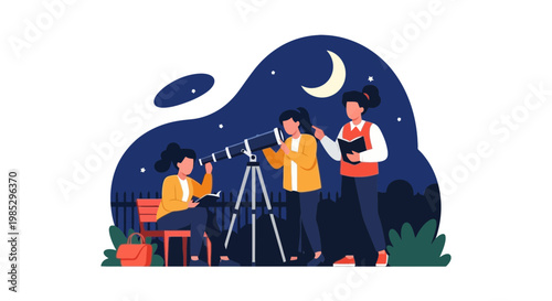 Young Astronomers Observing Night Sky with Telescope Under Moonlit Night