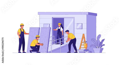 Construction Workers Installing Exterior Cladding on Building