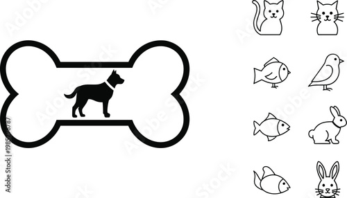 Pet shop and animal care line icon set featuring dog bone symbol cat fish rabbit bird and small pet illustrations