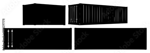 Maritime shipping container set with solid black icon on white background featuring package, logistics, transport with container and cargo
