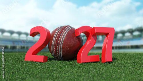 New Year 2027 Creative Design Concept with cricket ball - 3D Rendered Image