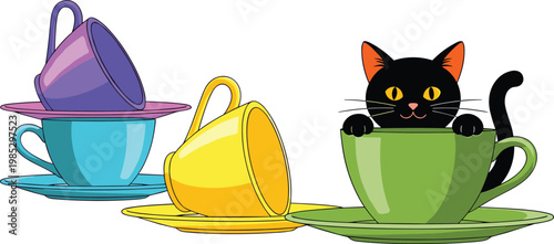 Cute black cat sitting inside colorful teacup with stacked cups and spilled mug, playful pet and kitchen concept vector illustration isolated