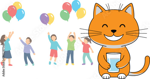 Cute cat holding glass of milk with happy children and balloons, joyful celebration and childhood fun concept vector illustration isolated