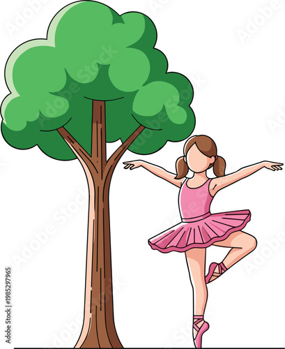 Cute ballerina girl dancing beside tree, cartoon ballet character in pink tutu, graceful pose illustration for kids, art and performance concept design