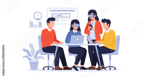 Team Collaboration in Modern Office with Laptops and Masks