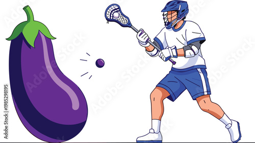 Creative conceptual illustration of lacrosse player aiming ball at eggplant vegetable, humorous sports and food mashup vector isolated on clean background