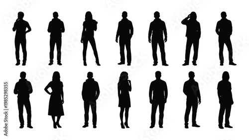 A collection of diverse black silhouettes depicting people in various standing poses and clothing styles
