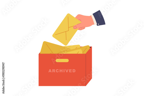 Illustration of Hand Putting Email Message into Archive Box. A hand placing an envelope into an orange box labeled archive, representing organized data storage and long-term email management