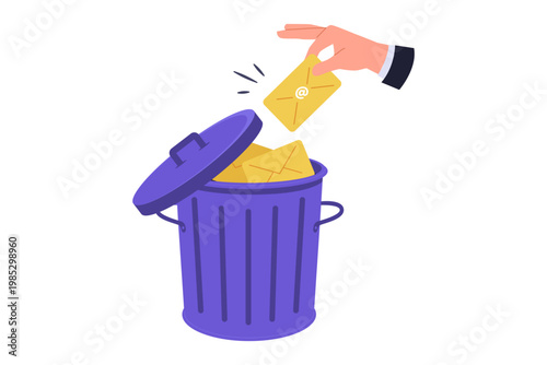 Illustration of Hand Throwing Email Message into Trash Bin. A hand dropping an envelope into a purple trash bin, symbolizing deleting unwanted emails, spam control, and digital cleanup