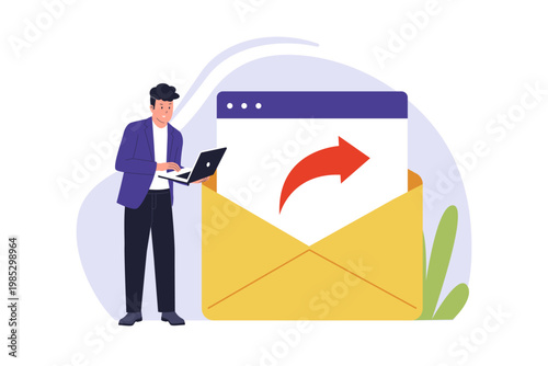 Illustration of Forwarding Email Message to New Recipient. An illustration of a man standing next to a large envelope with a forward arrow, representing sharing information via digital mail