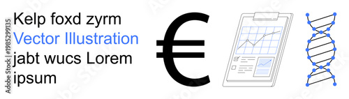 Finance, analysis, genetics, biotechnology, scientific research, data visualization. Euro symbol, data chart and DNA helix. Finance and analysis with a scientific approach