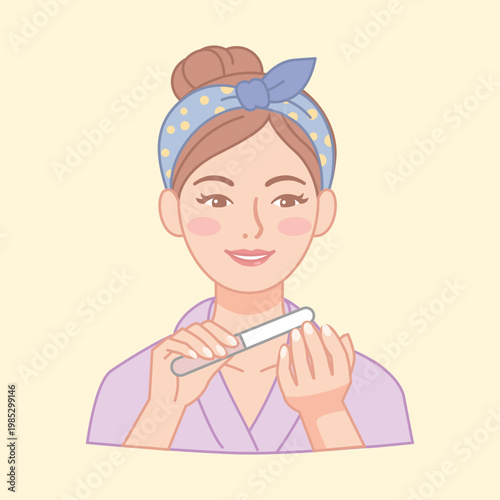 Woman Filing Her Nails at Home