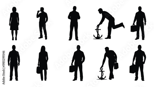 A collection of black silhouettes depicting various people in different poses and carrying objects high quality