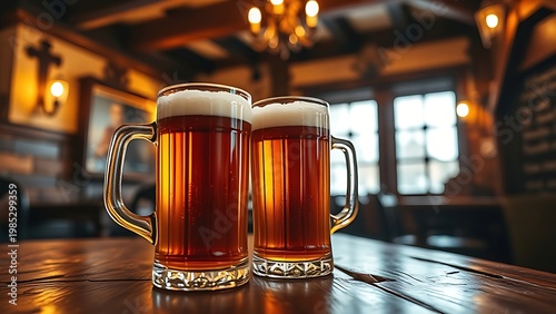 mediocrity. Cozy traditional alehouse interior with wooden table and two tankards of amber beer. bar promotions, beverage menus, designed for food & beverage menus and cafe branding.