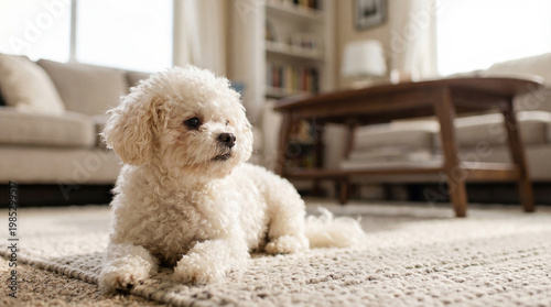 Obraz na plátně White fluffy Bichon Frise dog peacefully resting on a textured rug in a sunlit modern living room setting