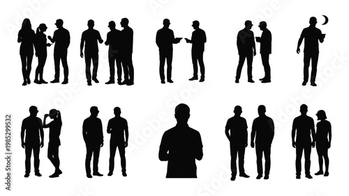 A collection of black silhouette figures depicting various social interactions and standing poses high quality professional