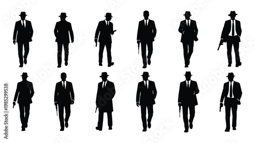 Silhouettes of twelve men in suits and hats walking forward some holding objects high quality professional