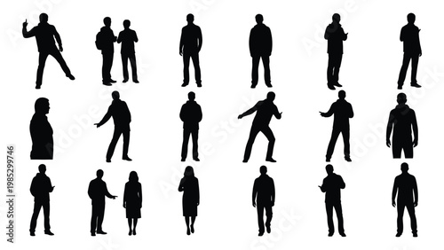 Collection of diverse black silhouettes depicting people in various standing and walking poses high quality professional