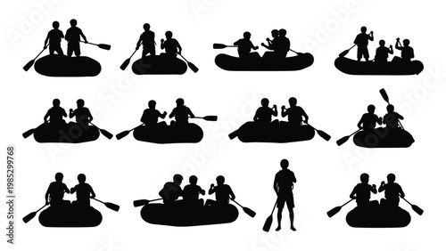 Black silhouette illustration depicting multiple inflatable boats with people paddling on water high quality professional detailed
