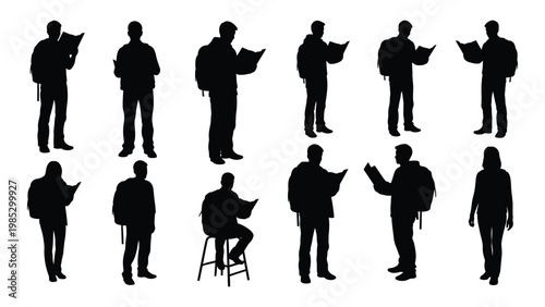 Silhouettes of people reading or holding books in various poses and arrangements against a white background
