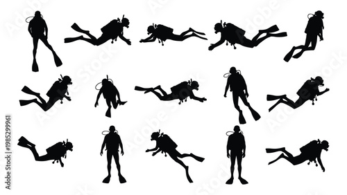 A collection of black silhouette images depicting scuba divers in various swimming poses underwater high quality