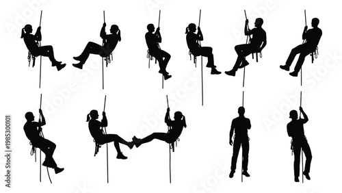 Silhouettes of people engaging in various rope activities including chair lifts and climbing high quality professional