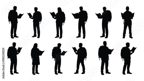 A collection of silhouetted figures mostly students are depicted reading books while walking high quality professional