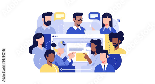 Diverse team collaborating on laptop.