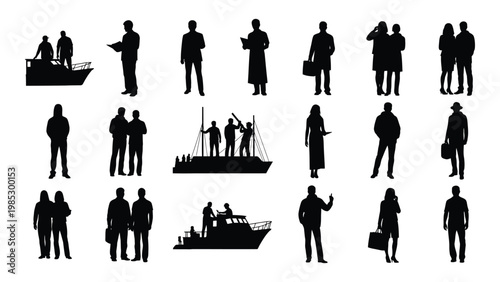 A collection of black silhouettes depicting various people and boats in different poses and groupings