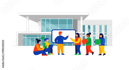 People standing in front building.