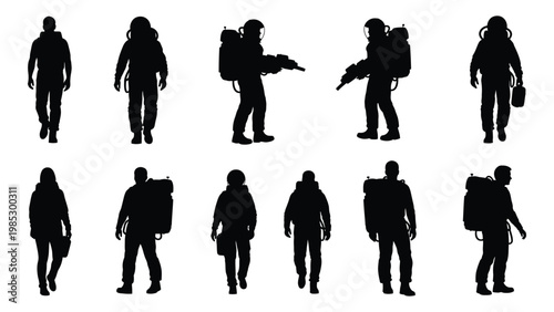 Silhouettes of multiple individuals wearing various protective gear and carrying equipment high quality professional detailed modern