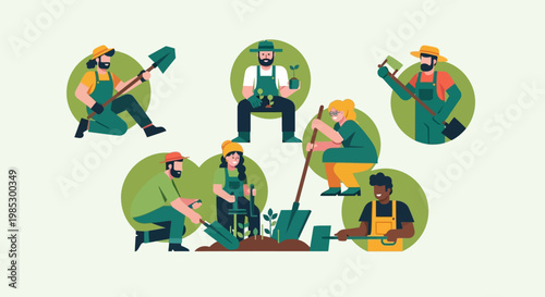 Workers in green uniforms gardening.