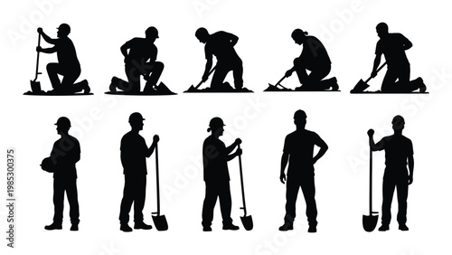 Silhouettes of construction workers performing various tasks like digging lifting and standing high quality professional detailed