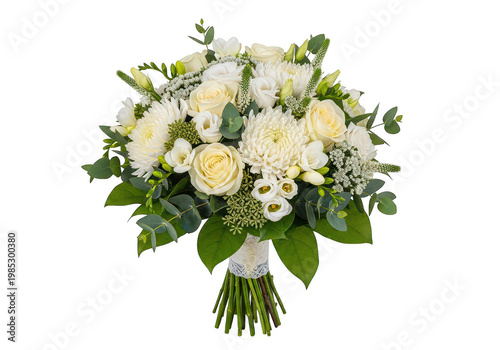 Elegant white wedding bouquet featuring roses chrysanthemums and eucalyptus with delicate lace ribbon isolated on transparent background