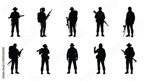 A collection of silhouettes depicting armed individuals including soldiers and people with rifles high quality professional