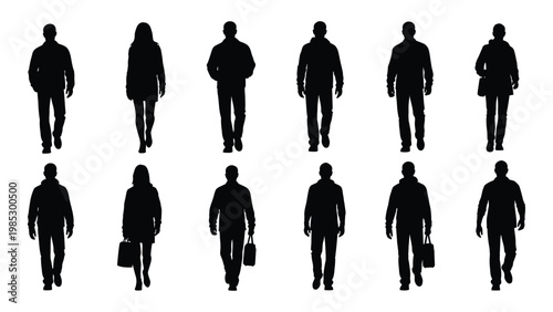 A collection of twelve black silhouettes displaying various human figures in walking poses high quality professional