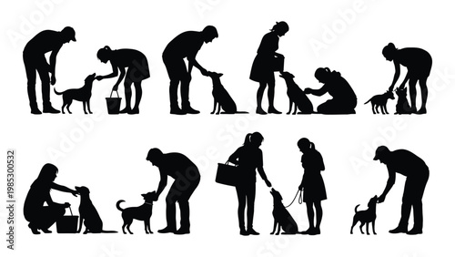A collection of silhouetted figures interacting with dogs in various poses and settings high quality professional