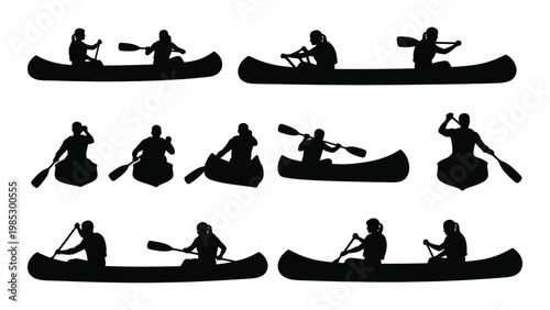 A collection of black silhouette figures paddling canoes on the water showcasing various rowing postures