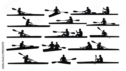 A collection of silhouettes depicting multiple kayakers paddling in their respective boats on water high quality