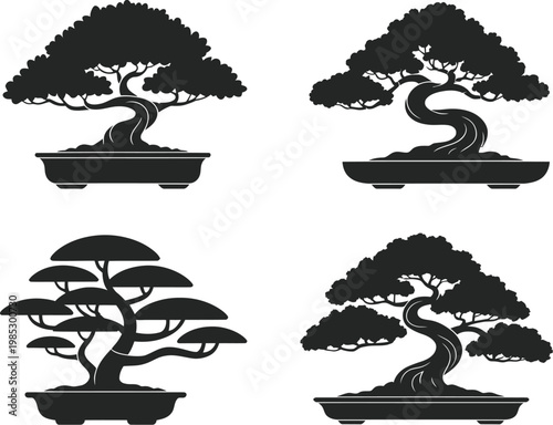 A Minimalist Black and White Graphic Illustration of Four Bonsai Trees in Pots
