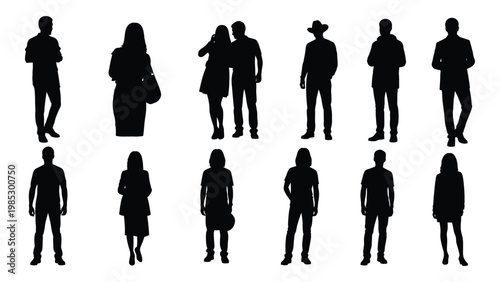 A collection of black silhouettes depicting diverse people in various casual poses and attire high quality