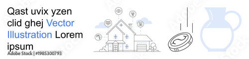 Smart home, IoT, digital economy, financial transactions, technology innovation, utility management. A house with IoT symbols, coin and minimal jug image. Smart home and IoT ideas